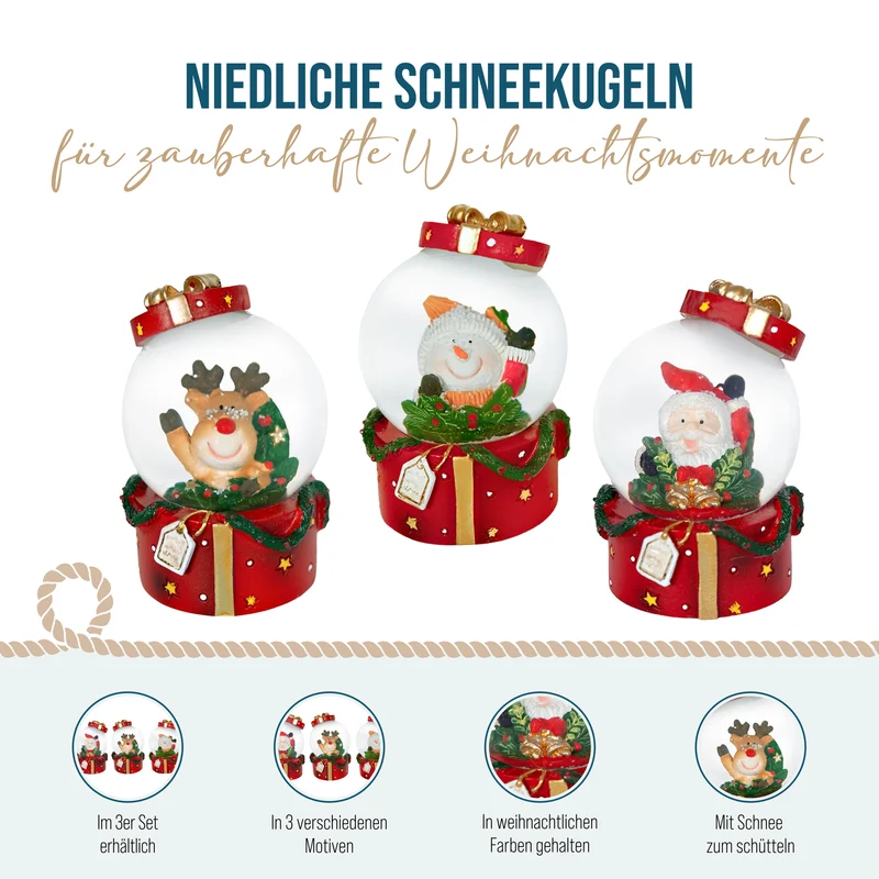 Schneekugeln 3er Set 7 cm – Schneemann, Rentier und Weihnachtsmann
