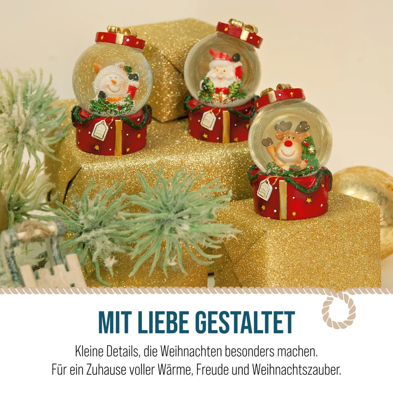 Schneekugeln 3er Set 7 cm – Schneemann, Rentier und Weihnachtsmann