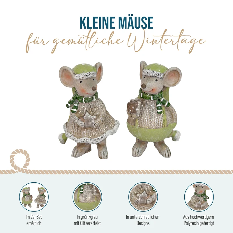 2er-Set Deko-Mäuse aus Polyresin, Grau/Grün, ca. 9 cm
