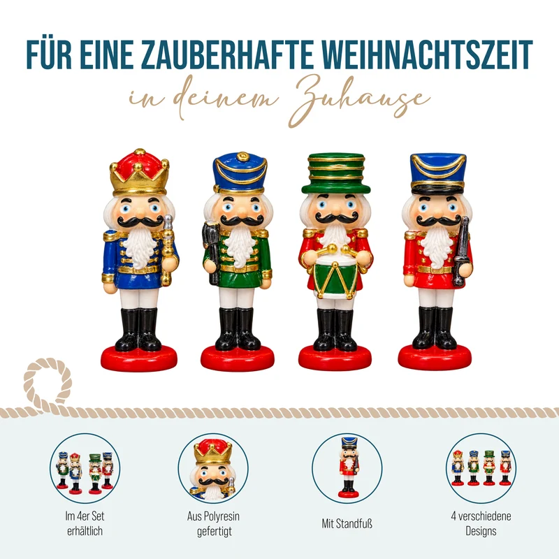Nussknacker Figuren 4er Set – Poly, 6,5 cm auf rotem Sockel