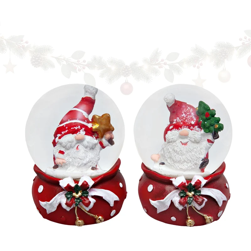 Schneekugeln Weihnachtsmann und Wichtel 2er Set – 6 cm mit Geschenksack