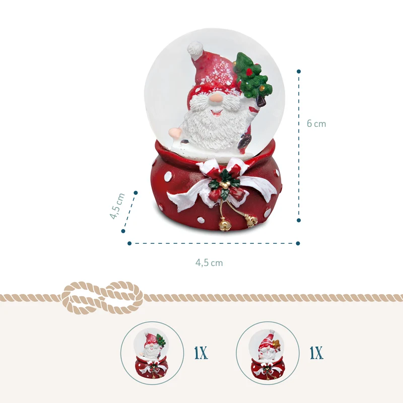 Schneekugeln Weihnachtsmann und Wichtel 2er Set – 6 cm mit Geschenksack