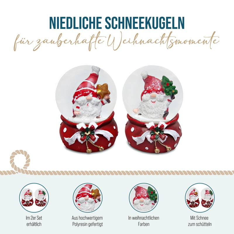 Schneekugeln Weihnachtsmann und Wichtel 2er Set – 6 cm mit Geschenksack