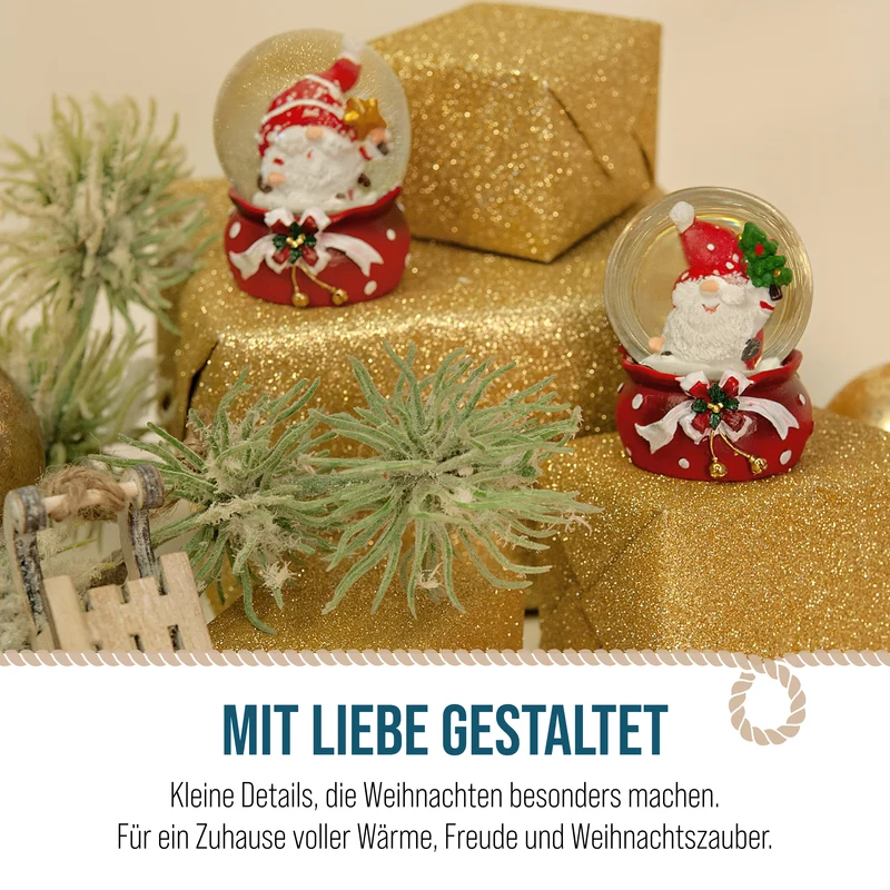 Schneekugeln Weihnachtsmann und Wichtel 2er Set – 6 cm mit Geschenksack