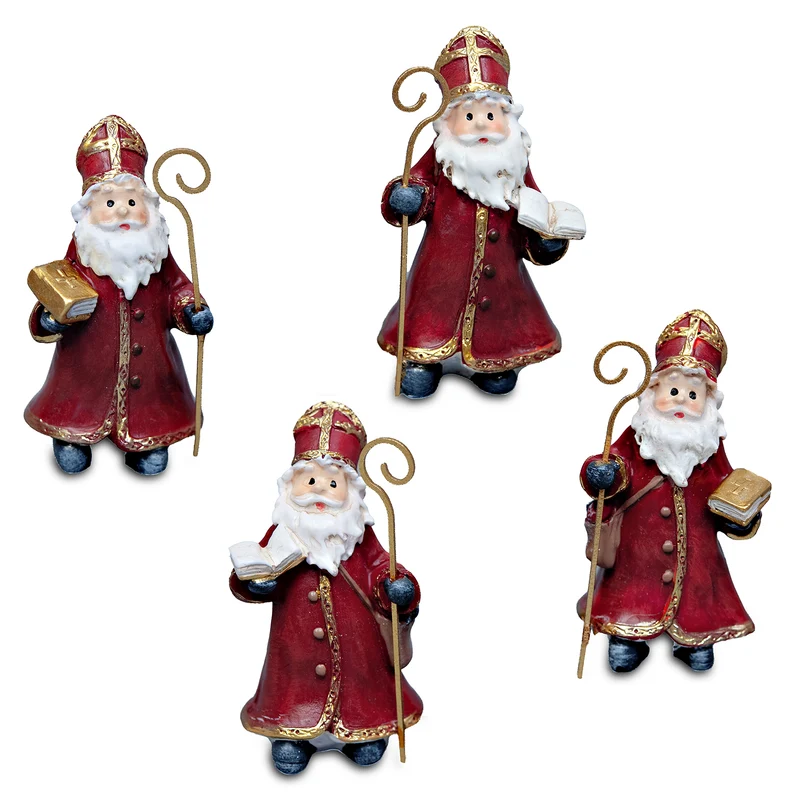 Nikolaus Figuren 4er Set – Poly, 6 cm in Rot und Gold mit Mitra