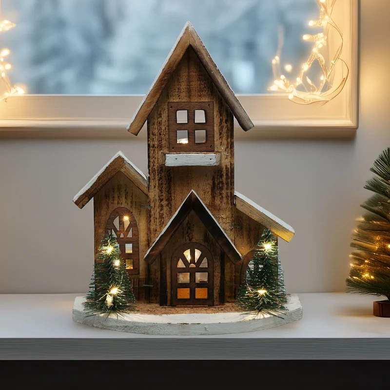 LED Wooden Christmas House with Trees | Light-Up Nordic House Ornament