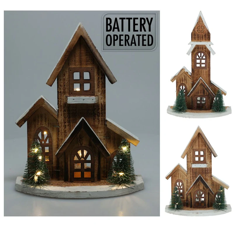 LED Wooden Christmas House with Trees | Light-Up Nordic House Ornament