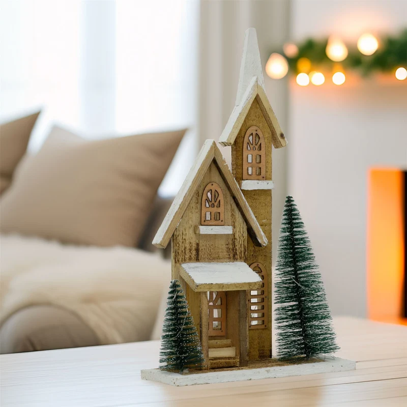 LED Wooden Christmas Church with Trees | Light-Up Nordic Chapel Ornament