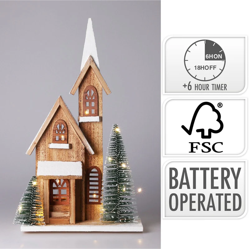 LED Wooden Christmas Church with Trees | Light-Up Nordic Chapel Ornament