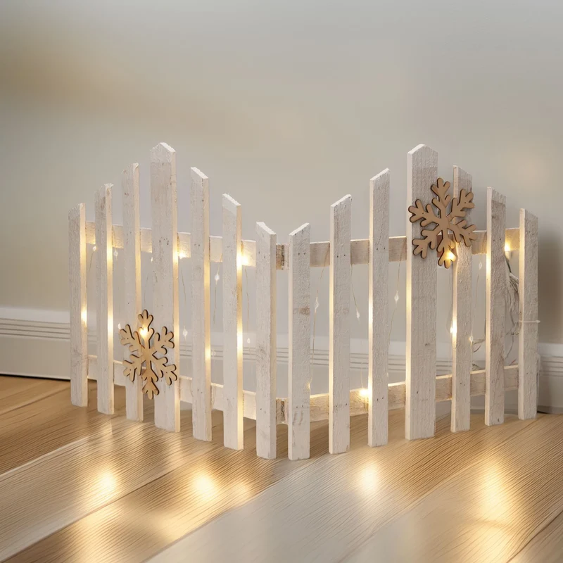 Snowflake LED Light Up Christmas Tree Fence | White Wooden Picket Fence Skirt | Festive Xmas Tree Decoration - 76 x 38cm