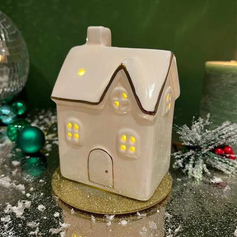White Ceramic LED Christmas House | Light Up Mini Christmas Village Ornament
