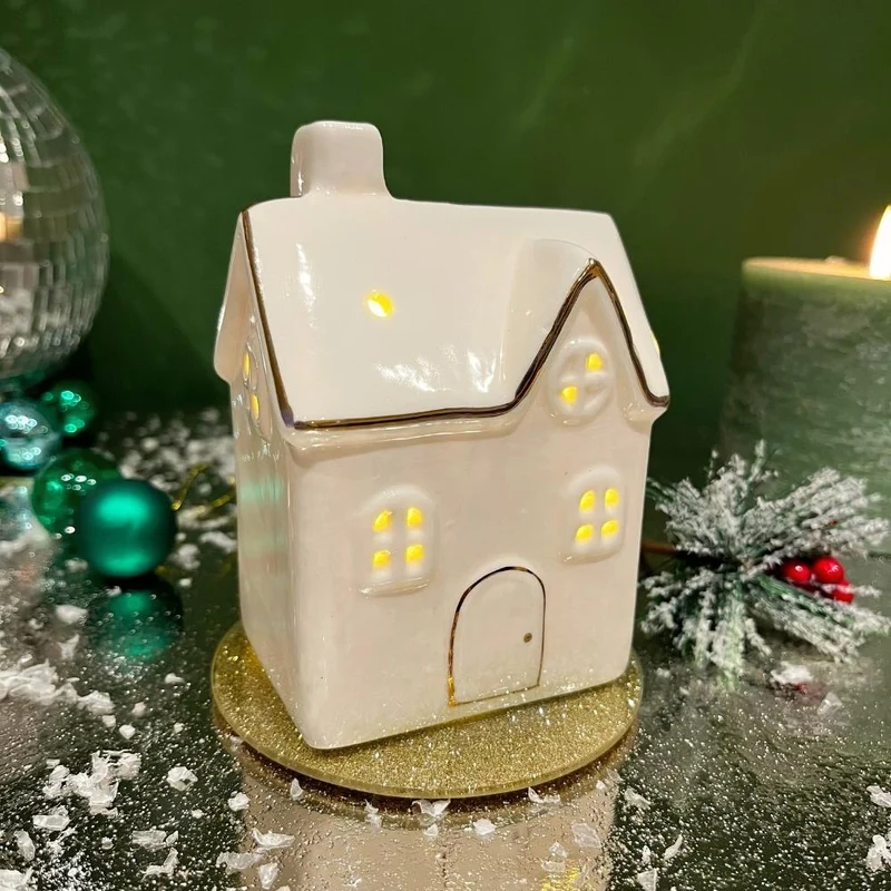 White Ceramic LED Christmas House | Light Up Mini Christmas Village Ornament