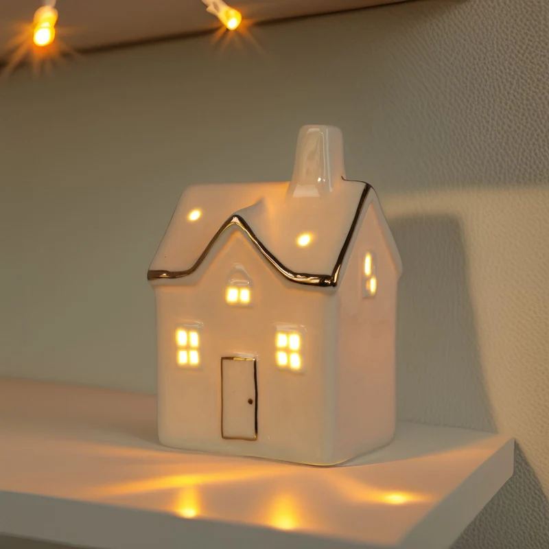 White Ceramic LED Christmas House | Light Up Mini Christmas Village Ornament