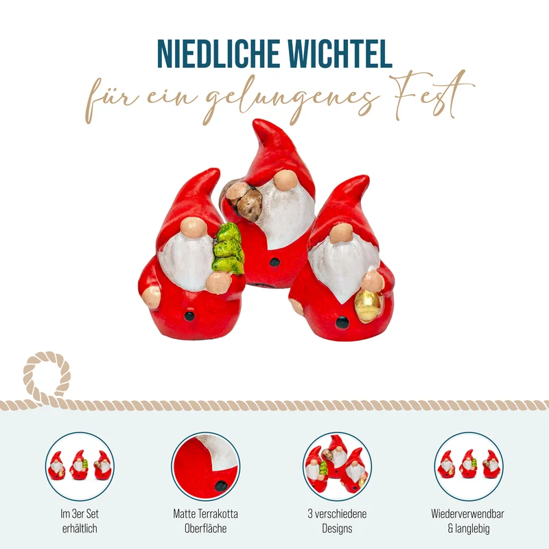 Wichtel Figuren 3er Set aus Terrakotta – Rot und Creme, 6 cm