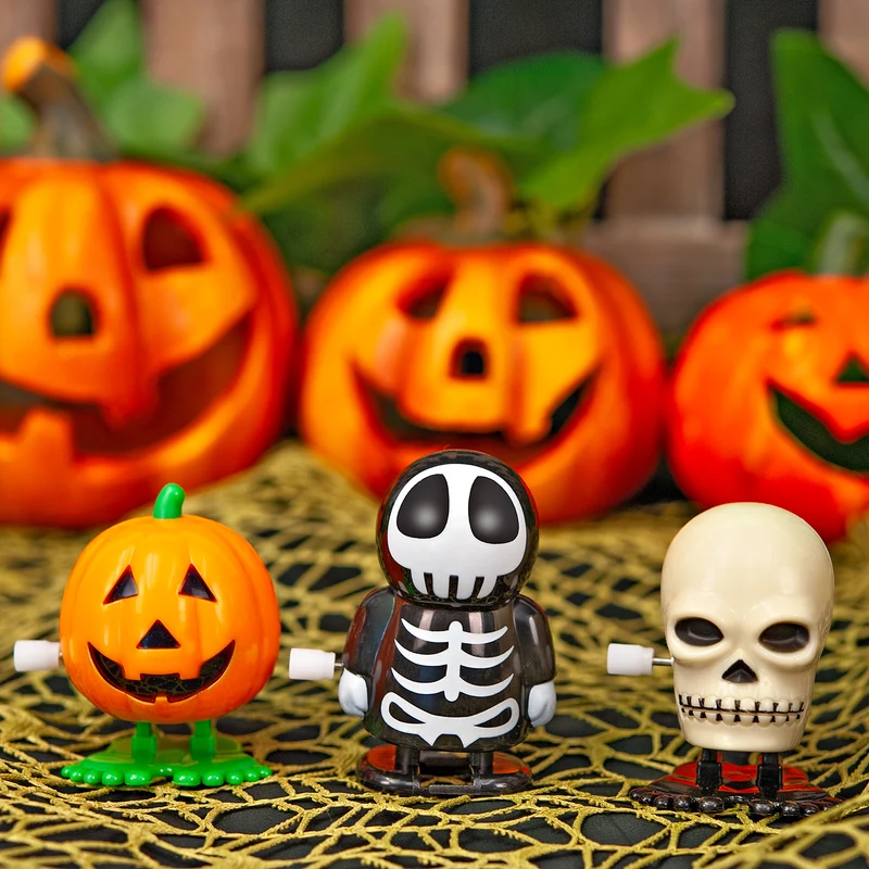Halloween Aufziehfiguren 3er Set – Skelett, Kürbis und Totenkopf, 5 cm