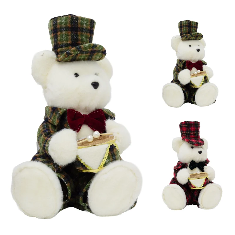 Sitting Christmas Bear Decoration | Fluffy Bear in Tartan Uniform with Drum