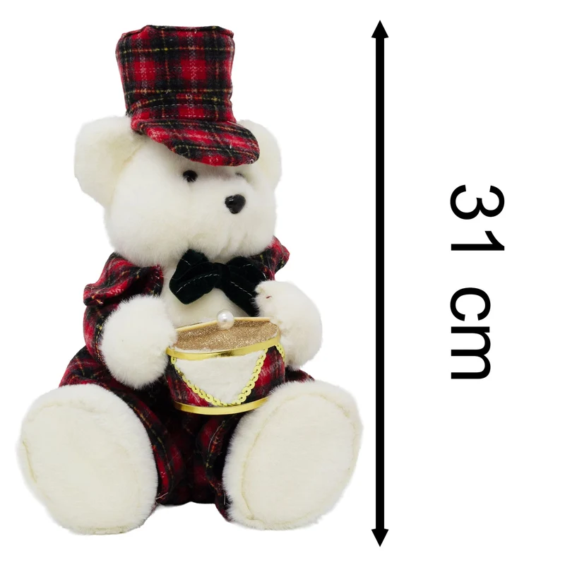 Sitting Christmas Bear Decoration | Fluffy Bear in Tartan Uniform with Drum