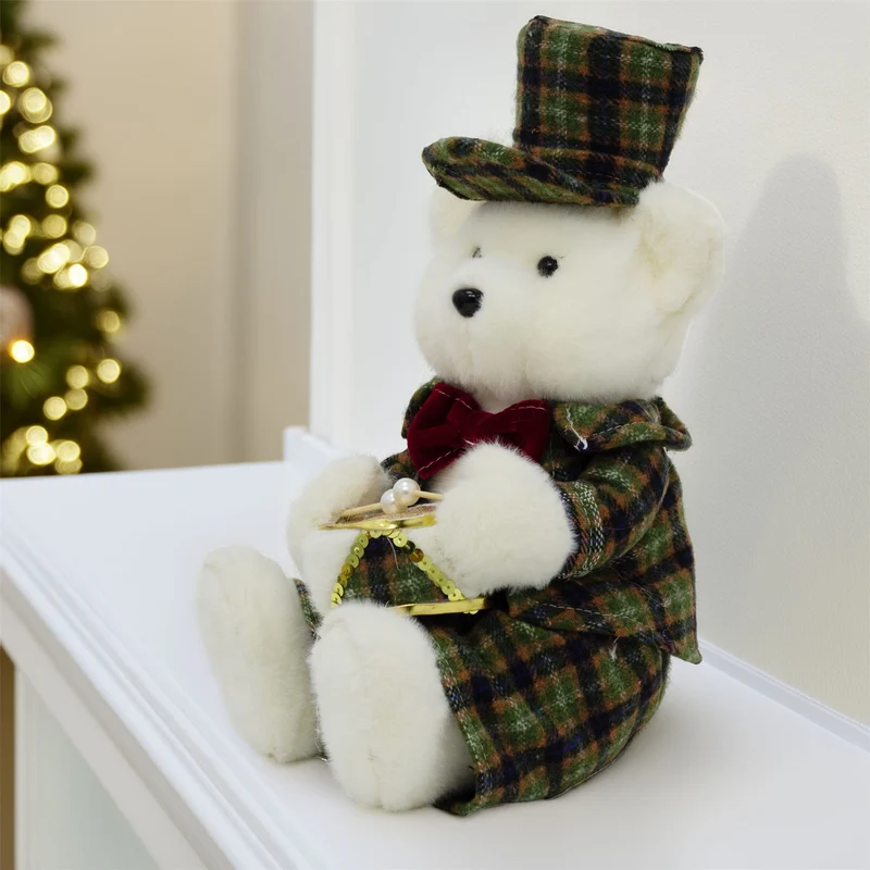Sitting Christmas Bear Decoration | Fluffy Bear in Tartan Uniform with Drum