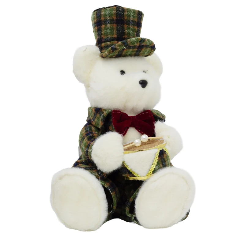 Sitting Christmas Bear Decoration | Fluffy Bear in Tartan Uniform with Drum