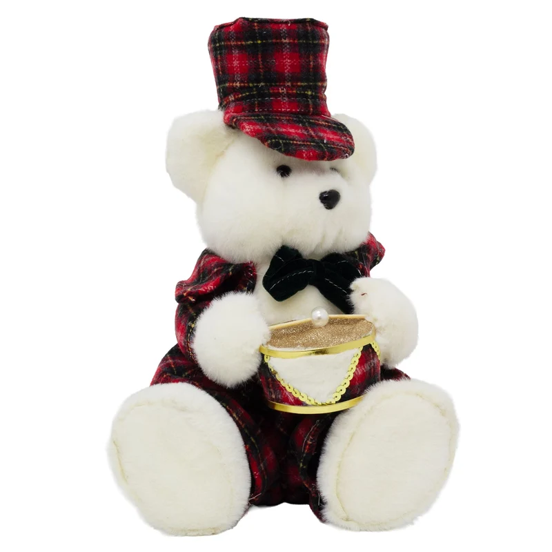 Sitting Christmas Bear Decoration | Fluffy Bear in Tartan Uniform with Drum