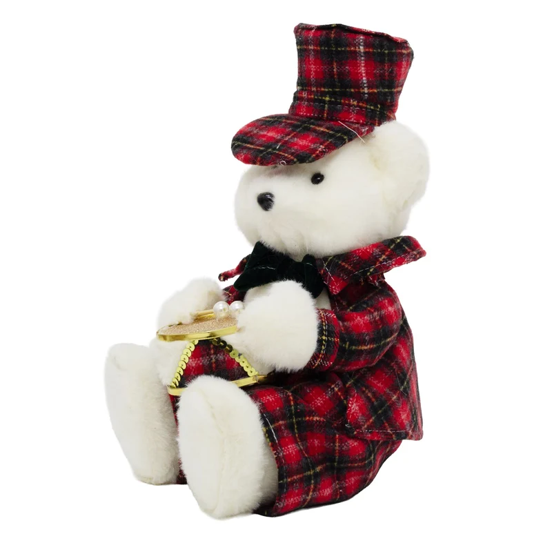 Sitting Christmas Bear Decoration | Fluffy Bear in Tartan Uniform with Drum