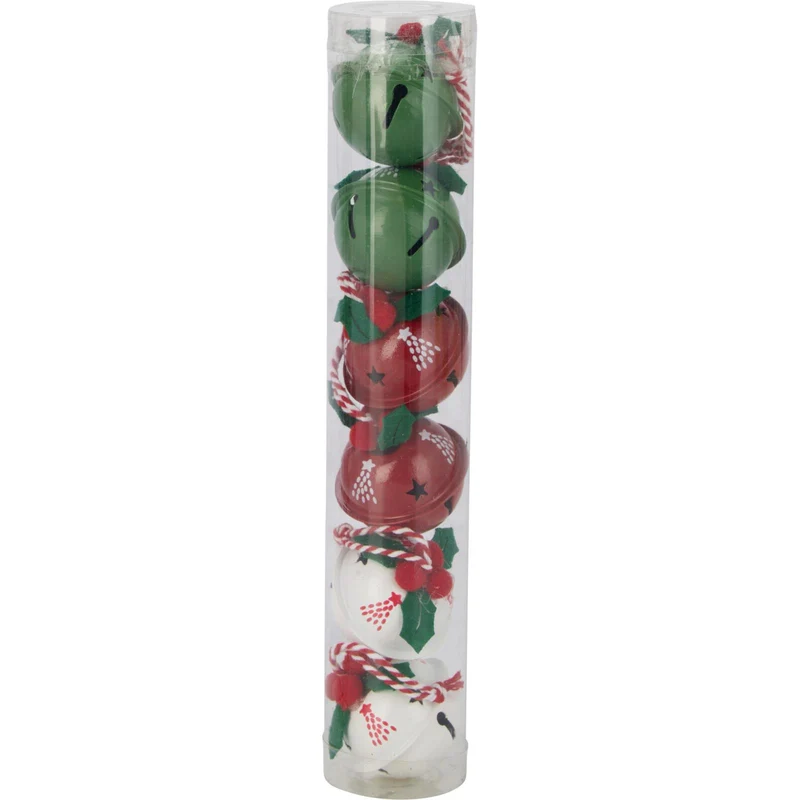 Set of 6 Small Festive Jingle Bells | Christmas Tree Hanging Ornaments - 4cm