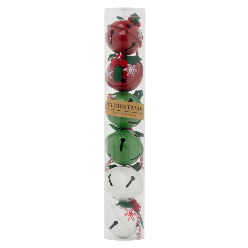 Set of 6 Baubles Festive Jingle Bells | Christmas Tree Hanging Ornaments - 4cm