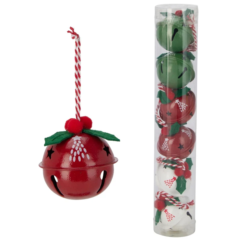 Set of 6 Baubles Festive Jingle Bells | Christmas Tree Hanging Ornaments - 4cm