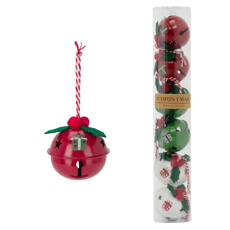 Set of 6 Baubles Festive Jingle Bells | Christmas Tree Hanging Ornaments - 4cm