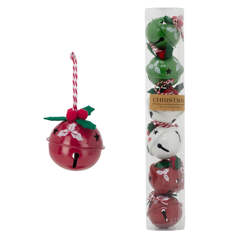Set of 6 Baubles Festive Jingle Bells | Christmas Tree Hanging Ornaments - 4cm