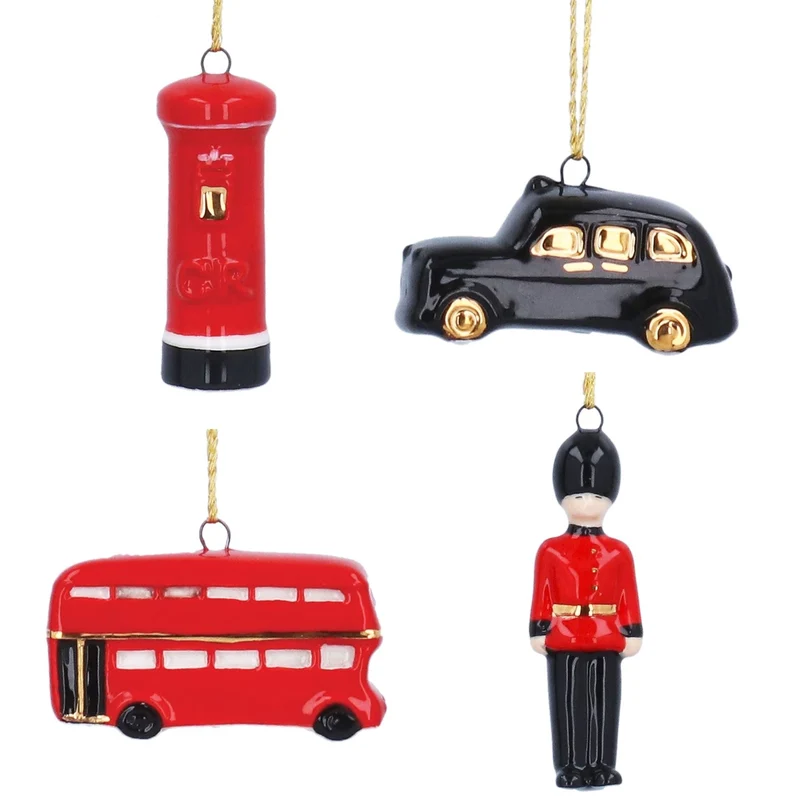 London Christmas Tree Decorations, Gisela Graham Set of 4 Mini Ceramic Icons
