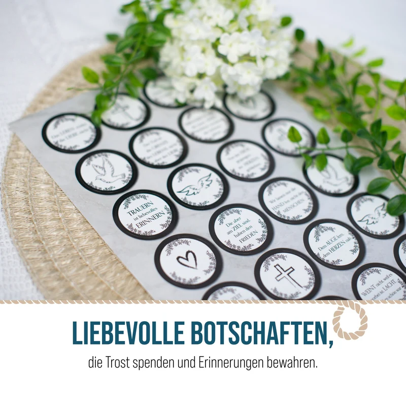 24 Aufkleber Trauer rund Ø 4 cm – Sticker-Bogen schwarz-weiß mit Trauersprüchen