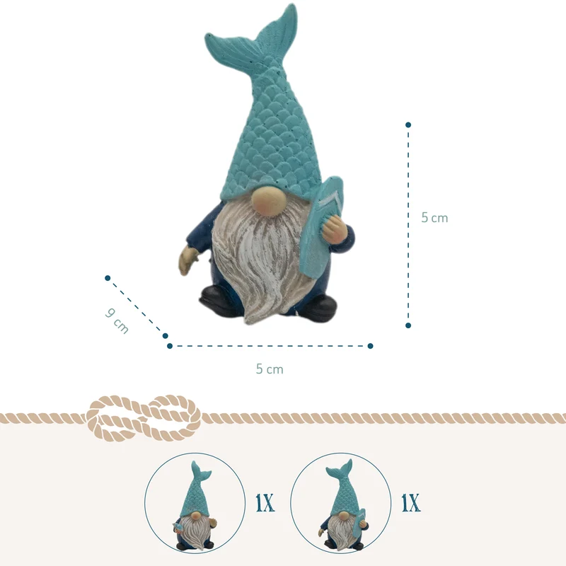2er Set Wichtel Maritim mit Fischschwanz-Mütze 5,5 × 4,5 × 10,5 cm aus Polyresin blau weiß – Maritime Deko Gnome