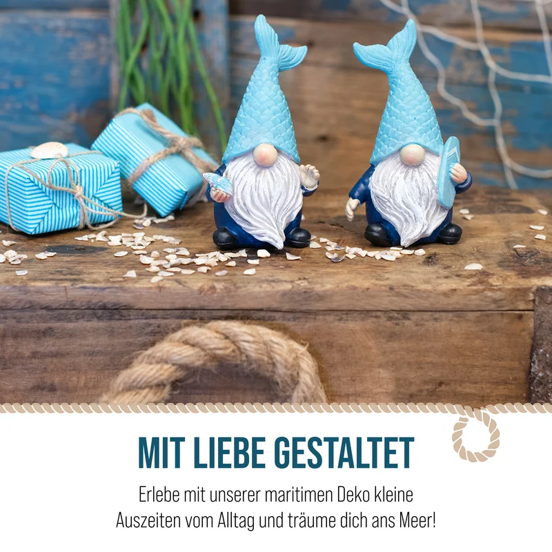 2er Set Wichtel Maritim mit Fischschwanz-Mütze 5,5 × 4,5 × 10,5 cm aus Polyresin blau weiß – Maritime Deko Gnome