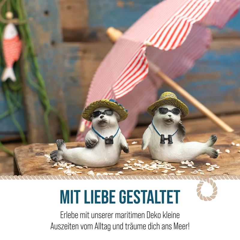 2er Set Seehund Figuren mit Strohhut und Sonnenbrille 8,5 × 3,5 × 8 cm aus Polyresin grau matt – Maritime Deko Robben