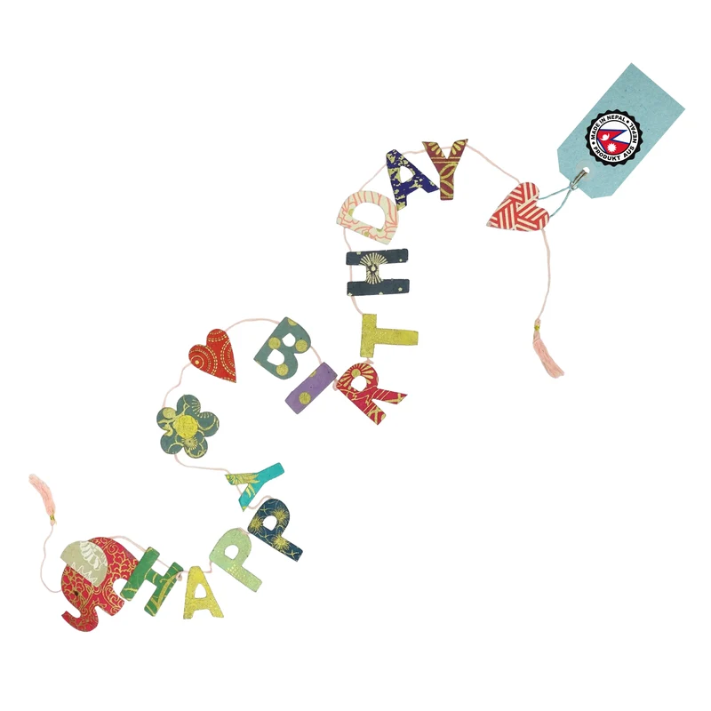Mini Girlande Happy Birthday mit Elefant aus Naturpapier 100 cm handgefertigt in Nepal