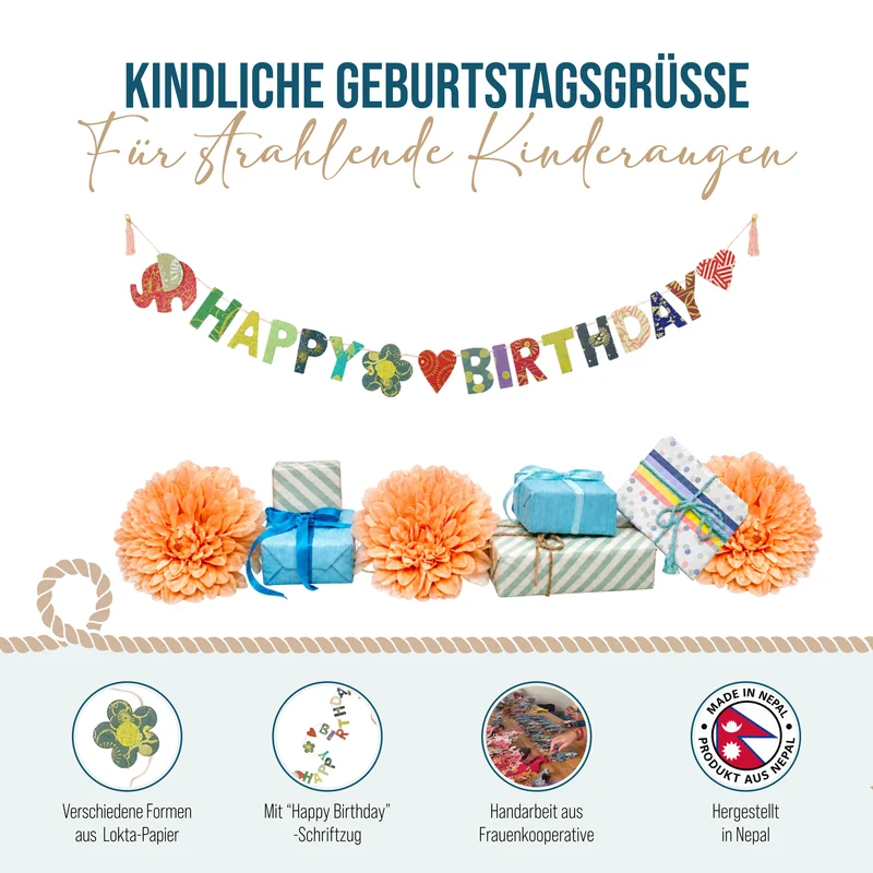 Mini Girlande Happy Birthday mit Elefant aus Naturpapier 100 cm handgefertigt in Nepal