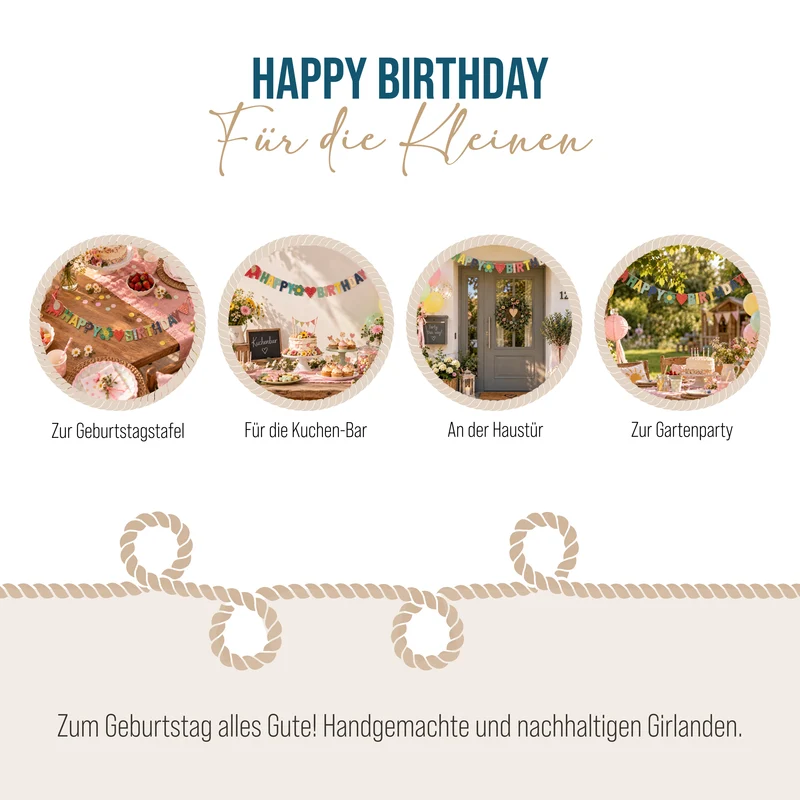 Mini Girlande Happy Birthday mit Elefant aus Naturpapier 100 cm handgefertigt in Nepal
