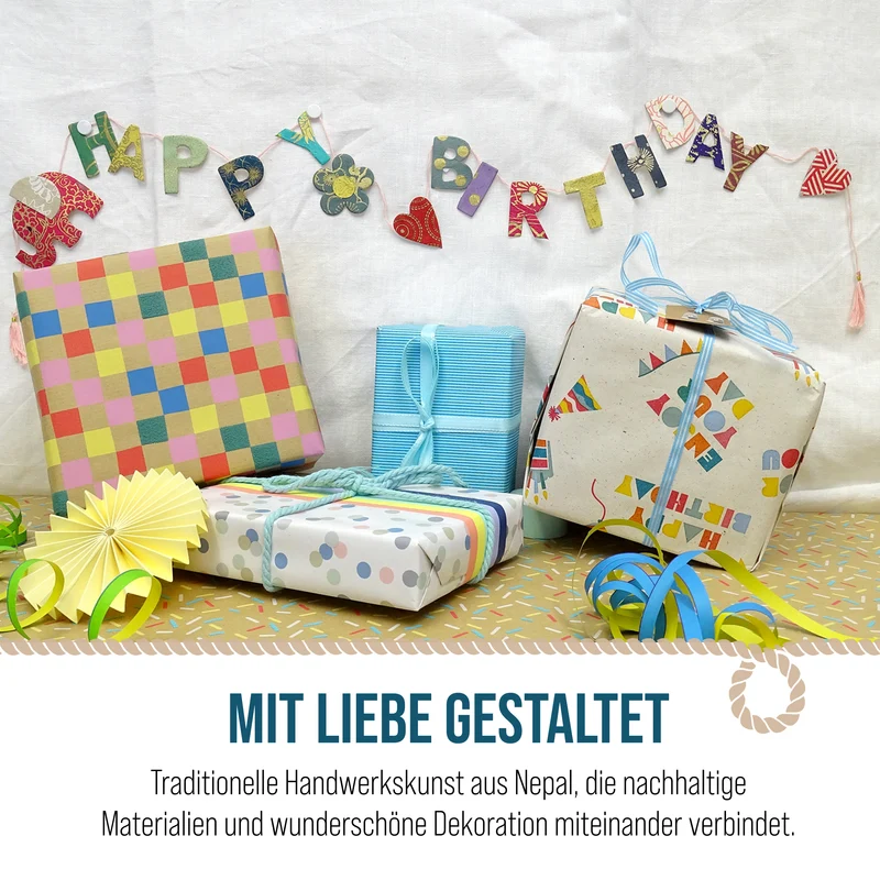 Mini Girlande Happy Birthday mit Elefant aus Naturpapier 100 cm handgefertigt in Nepal