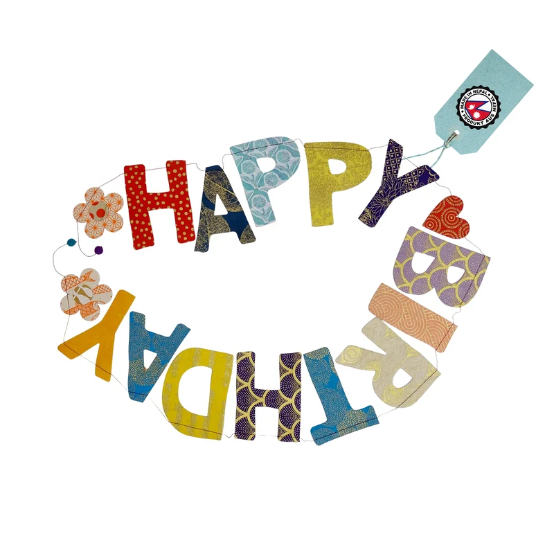 XL Girlande Happy Birthday aus Naturpapier 183 cm handgefertigt in Nepal