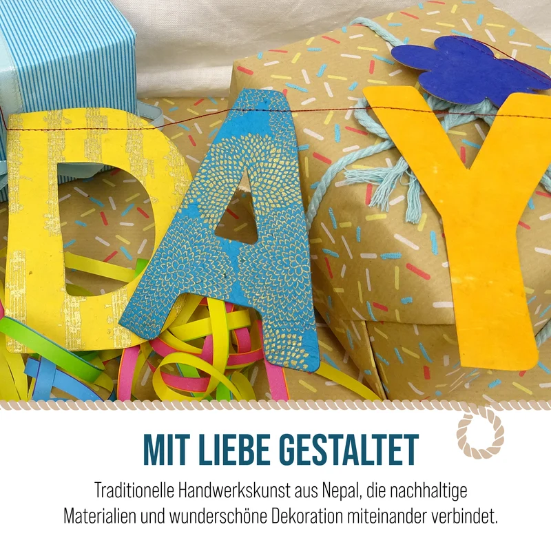XL Girlande Happy Birthday aus Naturpapier 183 cm handgefertigt in Nepal