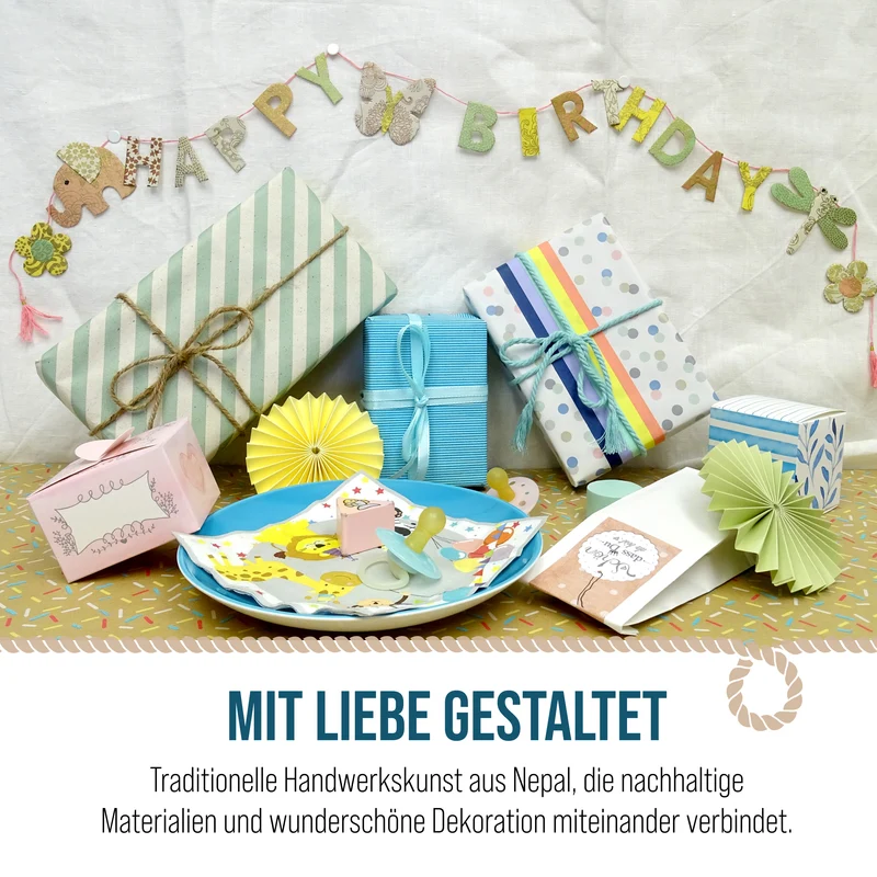 Mini Girlande Happy Birthday aus Naturpapier 100 cm handgefertigt in Nepal