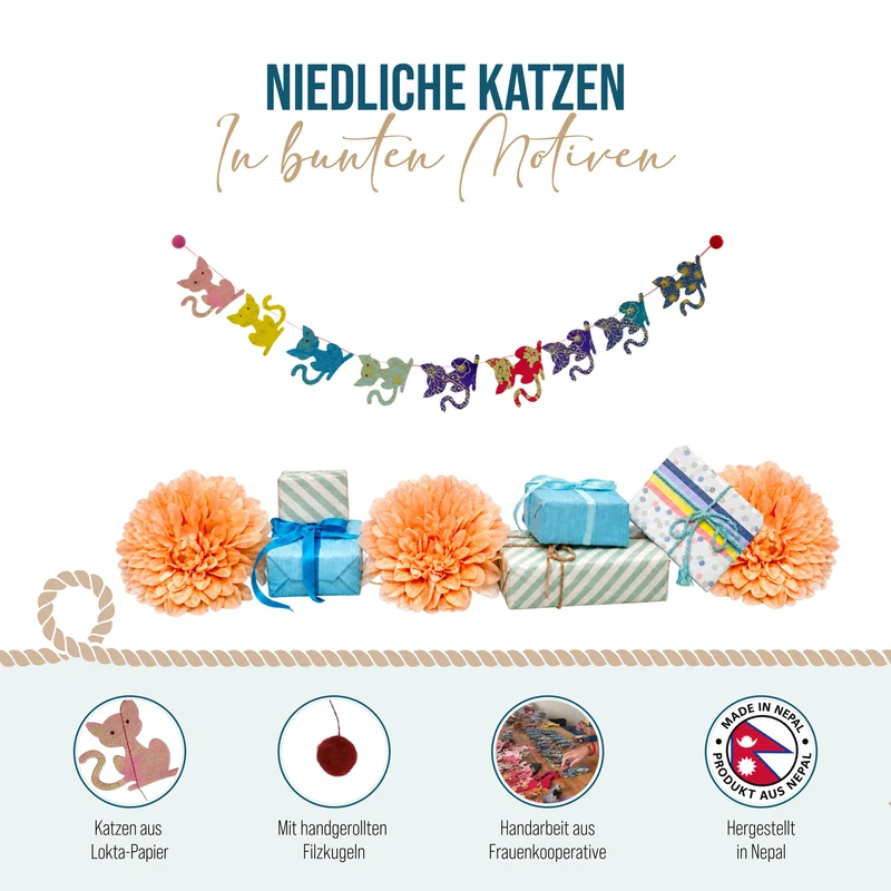 Girlande Katzen aus Naturpapier und Filz 183 cm handgefertigt in Nepal