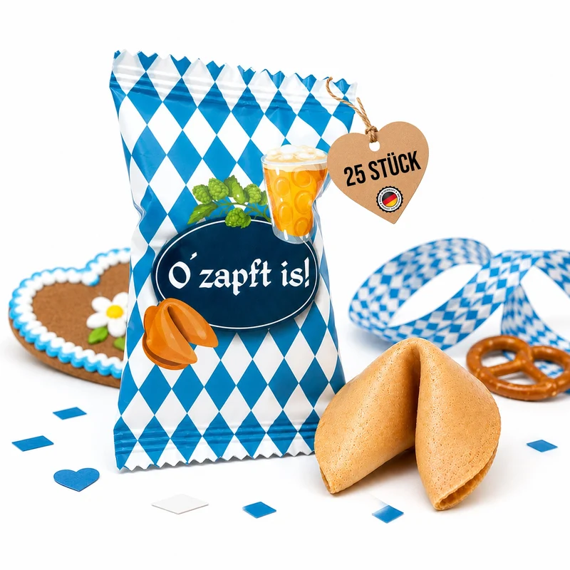 Oktoberfest Glückskekse 25 Stück mit bayerischen Sprüchen, Sorte Vanille, vegan