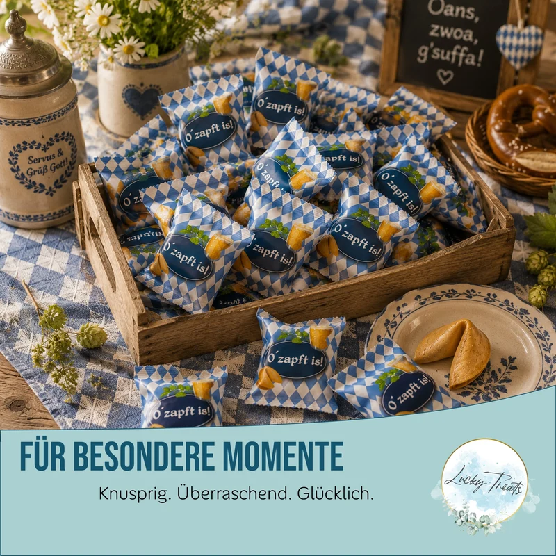Oktoberfest Glückskekse 25 Stück mit bayerischen Sprüchen, Sorte Vanille, vegan