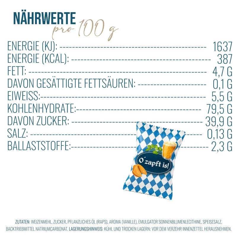 Oktoberfest Glückskekse 25 Stück mit bayerischen Sprüchen, Sorte Vanille, vegan