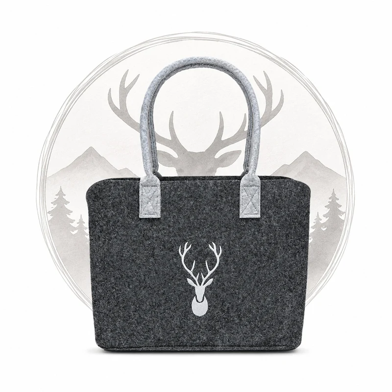 Filztasche Hirsch grau 30 x 15 x 23 cm – Geschenktasche aus Filz mit Hirsch-Motiv