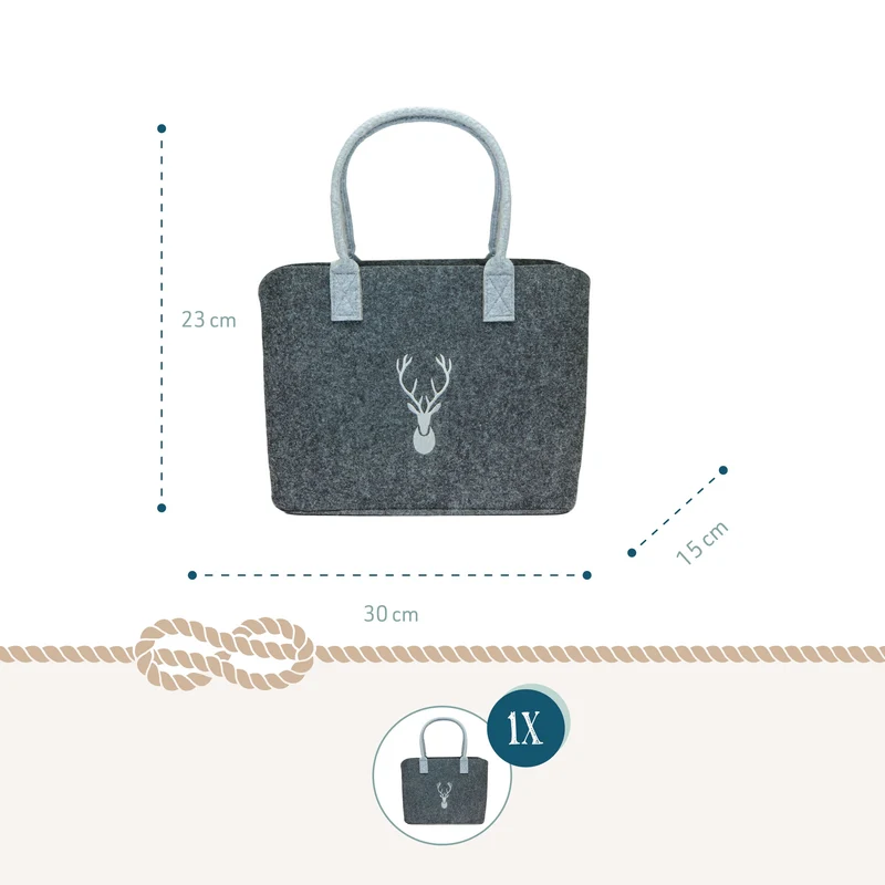 Filztasche Hirsch grau 30 x 15 x 23 cm – Geschenktasche aus Filz mit Hirsch-Motiv