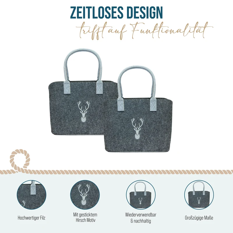 Filztasche Hirsch grau 30 x 15 x 23 cm – Geschenktasche aus Filz mit Hirsch-Motiv
