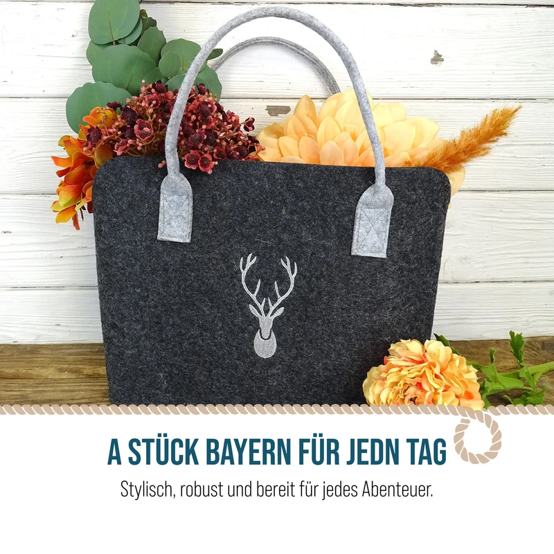 Filztasche Hirsch grau 30 x 15 x 23 cm – Geschenktasche aus Filz mit Hirsch-Motiv